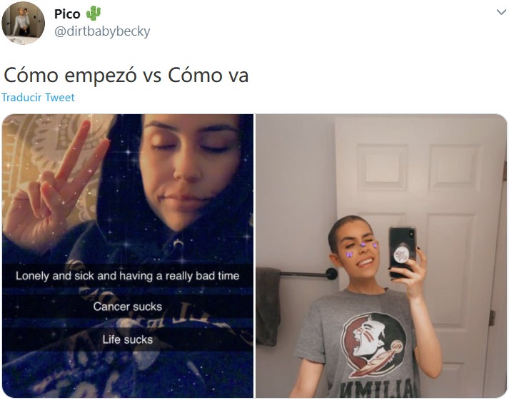 Captura de Twitter de una mujer participando en el reto "Cómo empezó vs Cómo terminó" en su lucha contra el cáncer