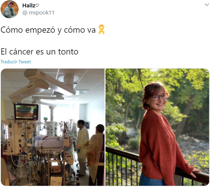 Captura de Twitter de una mujer participando en el reto "Cómo empezó vs Cómo terminó" en su lucha contra el cáncer