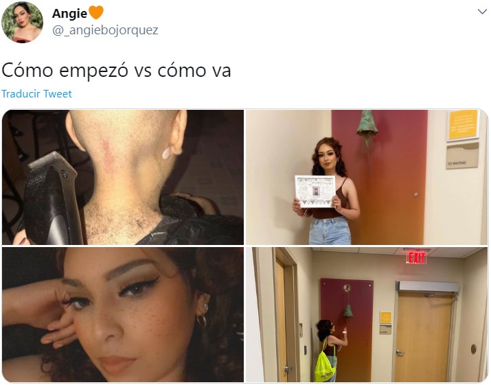Captura de Twitter de una mujer participando en el reto "Cómo empezó vs Cómo terminó" en su lucha contra el cáncer