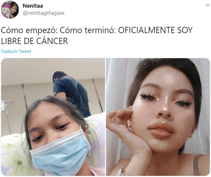 Captura de Twitter de una mujer participando en el reto "Cómo empezó vs Cómo terminó" en su lucha contra el cáncer