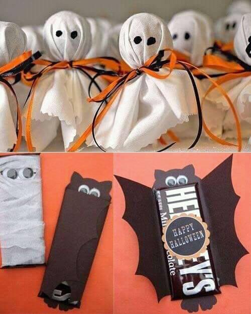 Dulces decorados en forma de fantasmas y murciélagos