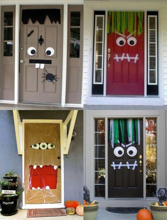 Puertas de casa con decoración de monstruos para Halloween