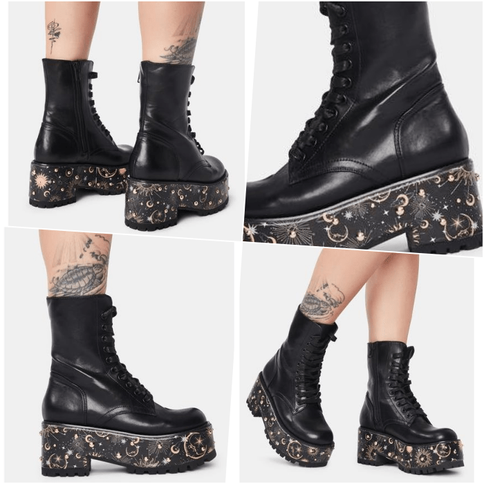 botines negros de piel con plataforma adornados con galaxias en la suela