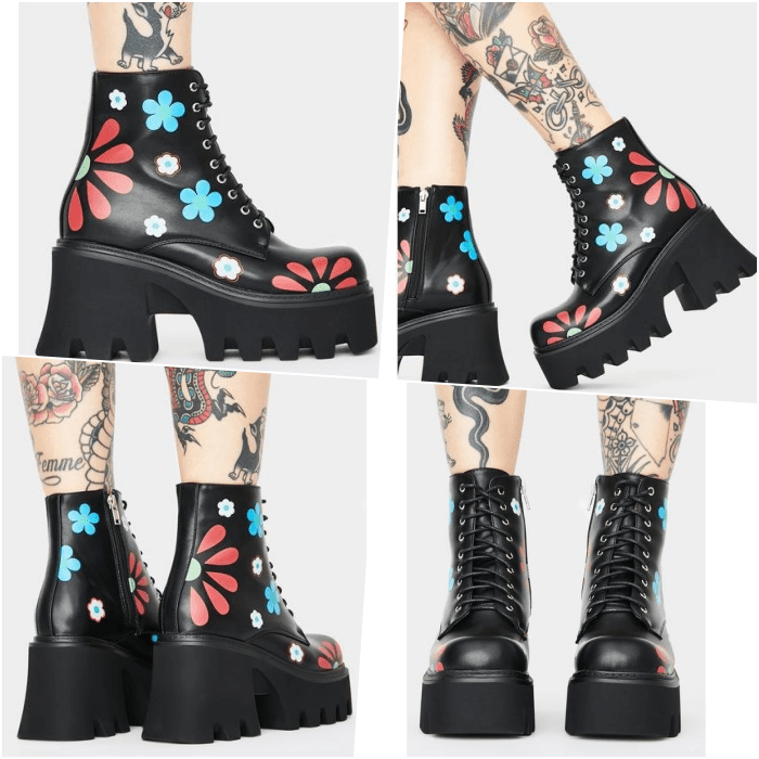 botines negros de piel de plataforma con flores de colores rojas y estrellas azules