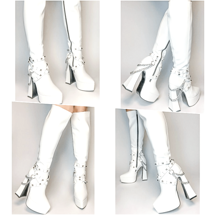 botas blancas largas de plataforma con hebillas y cadenas plateadas