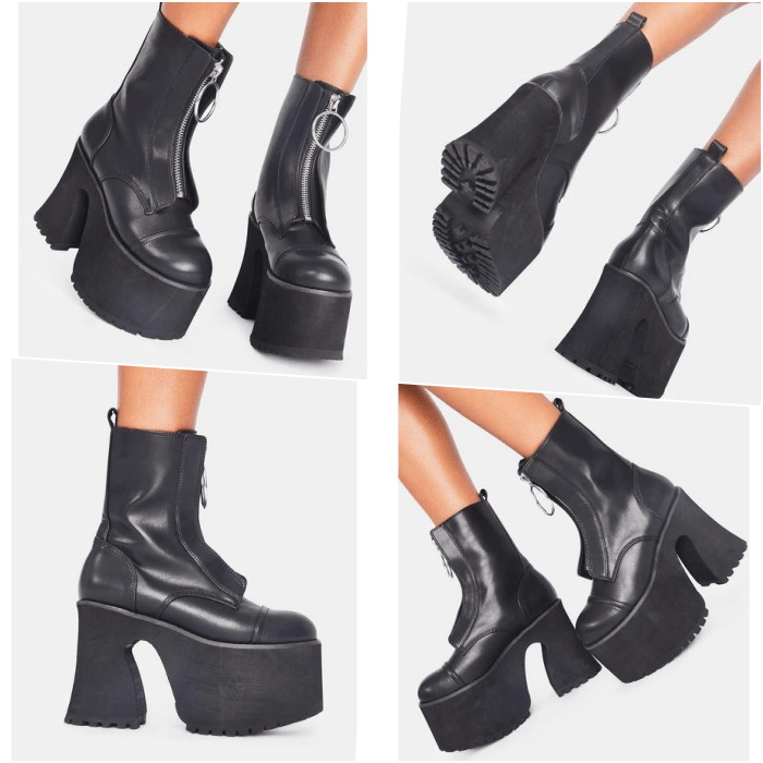 botines negros de plataforma con zipper plateado