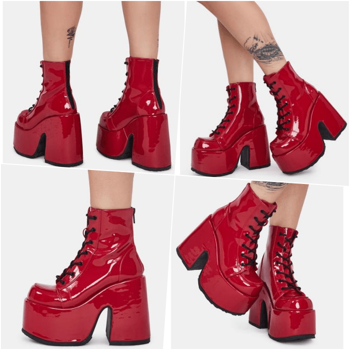 botines rojos de charol de plataforma con agujetas negras