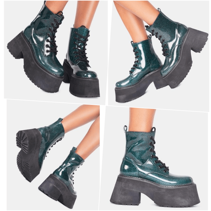 botines verdes de charol con plataforma gruesa negra