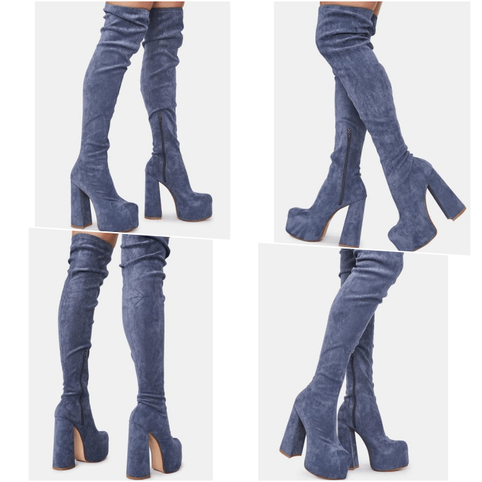 botines largos de terciopelo azul con plataforma