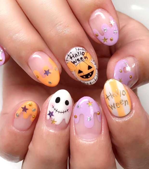 Diseños de uñas kawaii, tiernas en colores pastel para Halloween; almendras, calabazas, fantasmas y Mickey Mouse