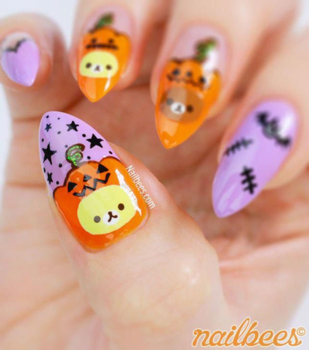 Diseños de uñas kawaii, tiernas en colores pastel de Halloween; calabazas y murciélagos