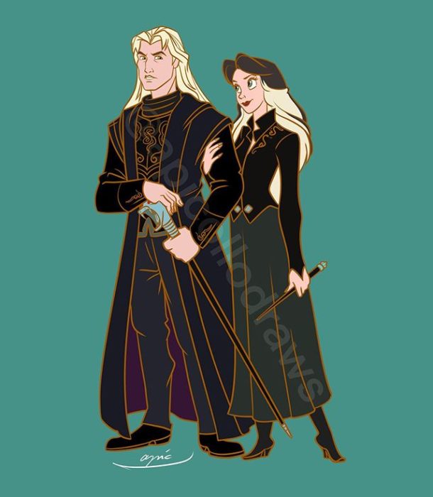 Ilustración de Alex Pick transformando a John Smith y Vanessa en Lucius y Narcissa Malfoy