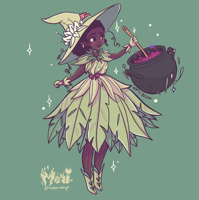 Tiana con disfraz de bruja, ilustrada por Meri