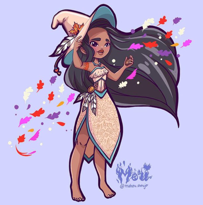 Pocahontas con disfraz de bruja, ilustrada por Meri