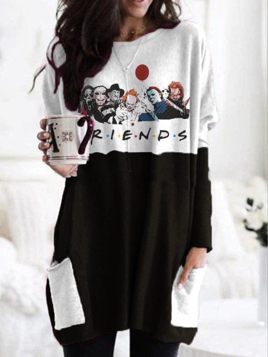 Blusón inspirado en Halloween, color blanco y negro con estampado de todos los villanos de las películas de terror