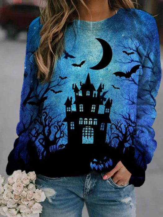 Sudadera inspirada en Halloween, de color azul con estampado de casa embrujada