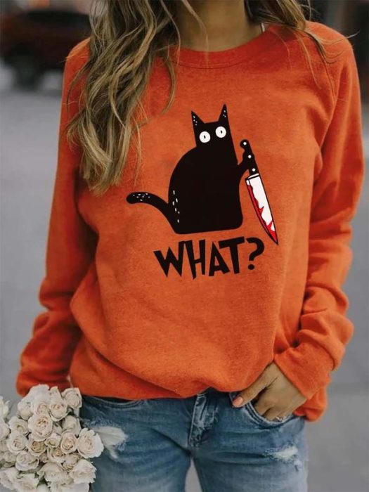 Sudadera inspirada en Halloween, de color naranja, con estampado de gato negro con un cuchillo ensangrentado