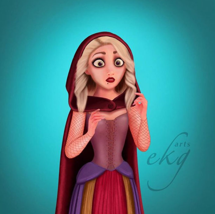 Elsa convertida en bruja, usando un vestido de colores y su capa con gorro al estilo de Sarah de Hocus Pocus