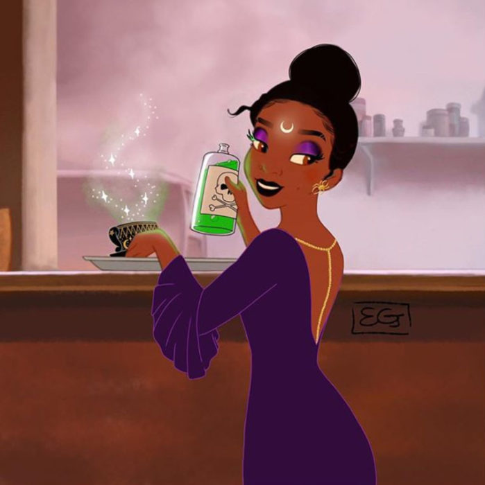Tiana convertida en bruja, usando un vestido morado de manga larga con escote en la espalda y tiene una poción en la mano y una taza de té en la otra
