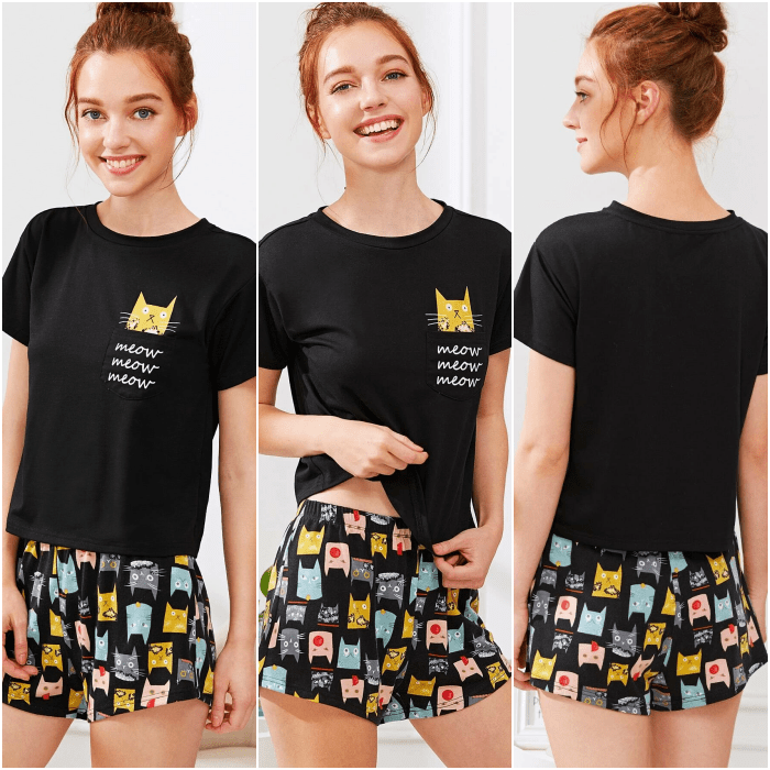 chica pelirroja usando una pijama negra con camiseta de manga corta y short estampando negro con puntos de colores