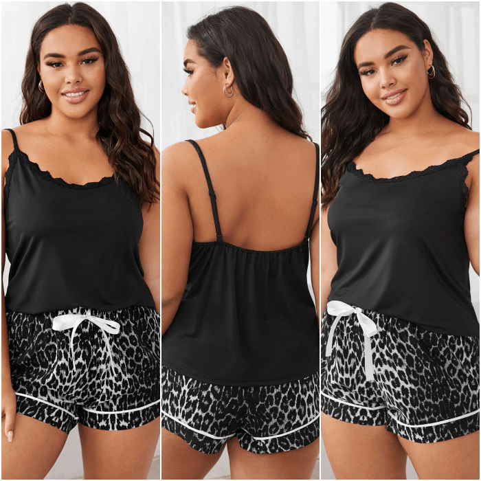 chica morena de cabello oscuro usando pijama con camiseta de tirantes y short corto con animal print en blanco y negro y moño en la cintura