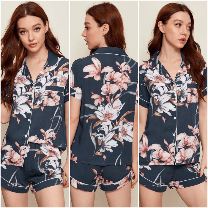 chica pelirroja usando pijama con camisa de botones, manga corta y short corto con estampado de flores rosas 