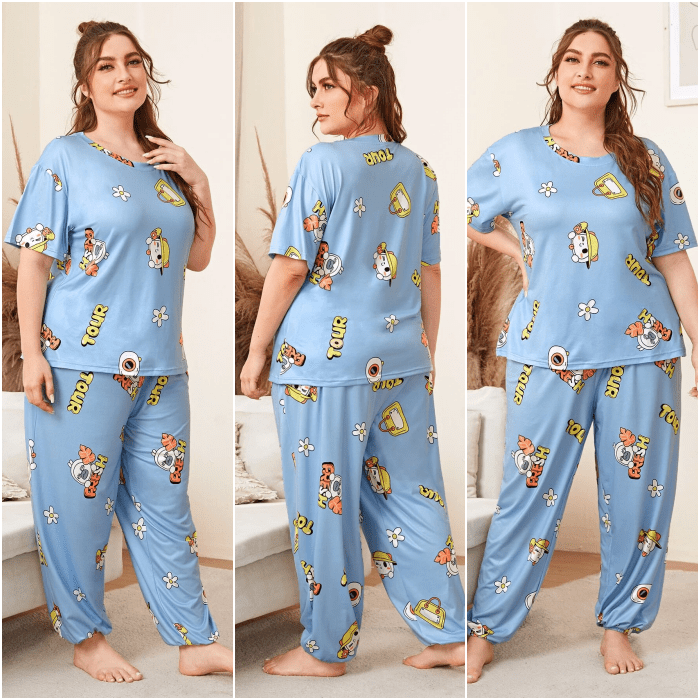 chica de cabello largo castaño usando pijama azul celeste con estampado de colores 
