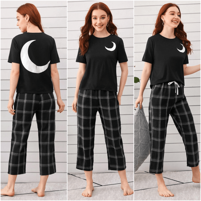 chica de cabello largo usando una pijama de color negro con camiseta de manga corta y pantalones cortos holgados con estampado de luna y cuadros con líneas blancas