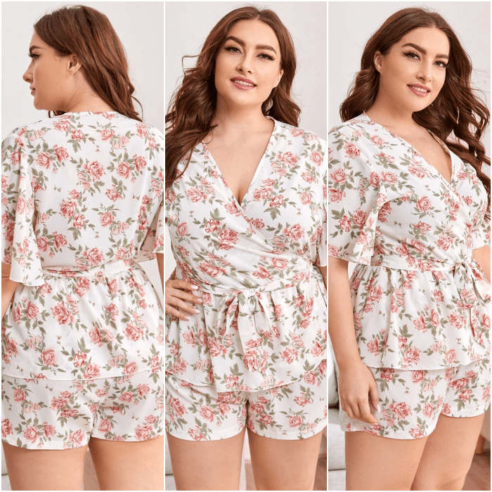 chica curvy de cabello largo usando una pijama fresca color blanco con estampado de flores rosas, manga corta, cuello en V y shorts cortos