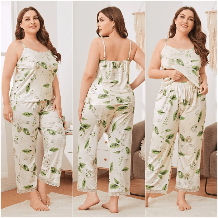 chica curvy usando una pijama de color blanco con camiseta de tirantes y pantalones holgados de satén