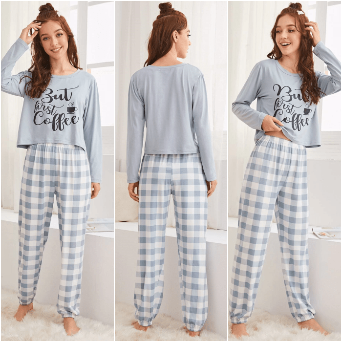 chica pelirroja usando una pijama gris con blanco con camiseta de manga larga y pantalones rectos con líneas grises