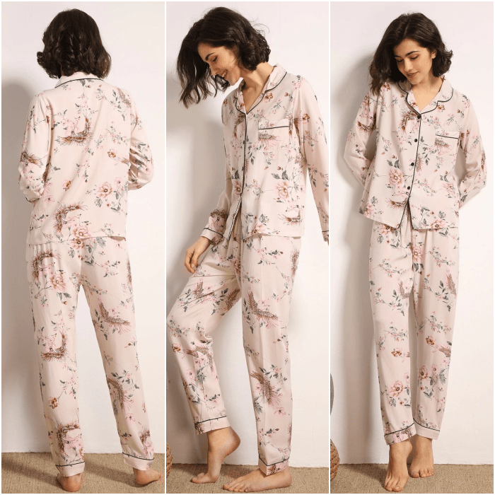 chica de cabello corto usando una pijama blanca con estampado delicado sutil con camisa de botones y manga corta y pantalón holgado 
