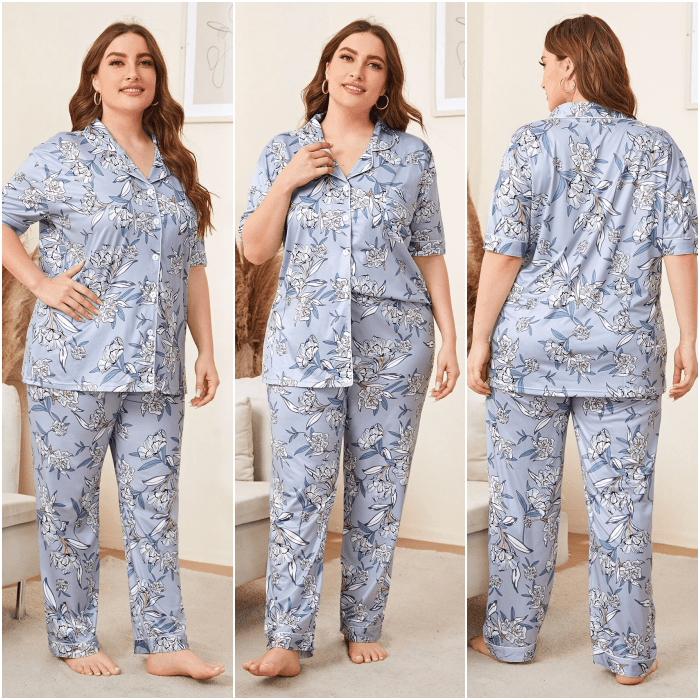 chica curvy usando una pijama azul con estampado de flores grises, con camisa de botones de manga corta y pantalón recto 