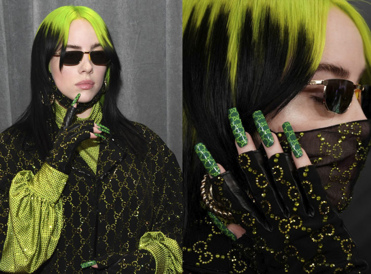 Billie Eilish combinando sus uñas con su atuendo de Gucci