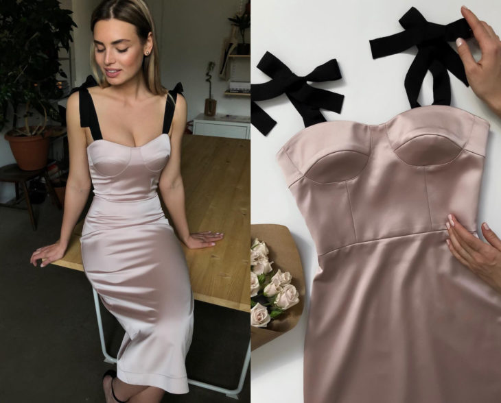 Larne Studio confecciona bellos vestidos de corsé; seda rosa palo, listón negro