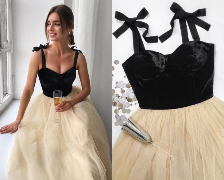 Larne Studio confecciona hermosos vestidos de corsé; tul color hueso, top negro de terciopelo