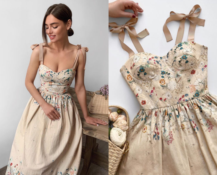 Larne Studio hace maravillosos vestidos de corsé; color hueso con flores pintadas