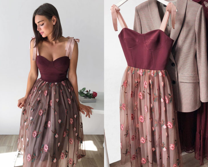 Larne Studio crea hermosos vestidos de corsé; rojo vino, tul bordado con flores rosas