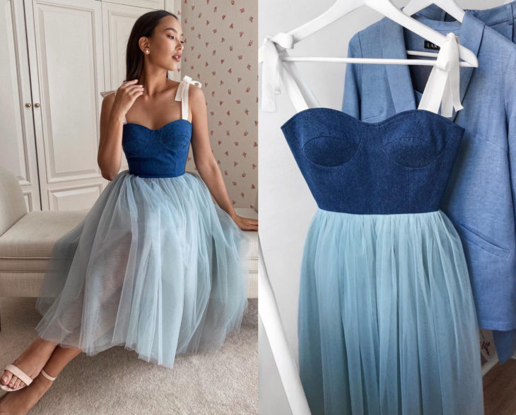 Larne Studio ofrece chic vestidos de corsé; tul azul cielo y top de mezclilla