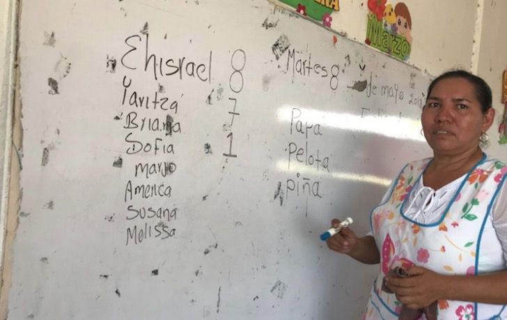 Profesora anotando en el pizarron