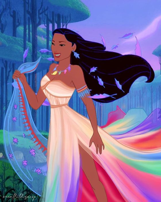 Pocahontas usando el vestido reimaginado por la artista Marta Sánchez García