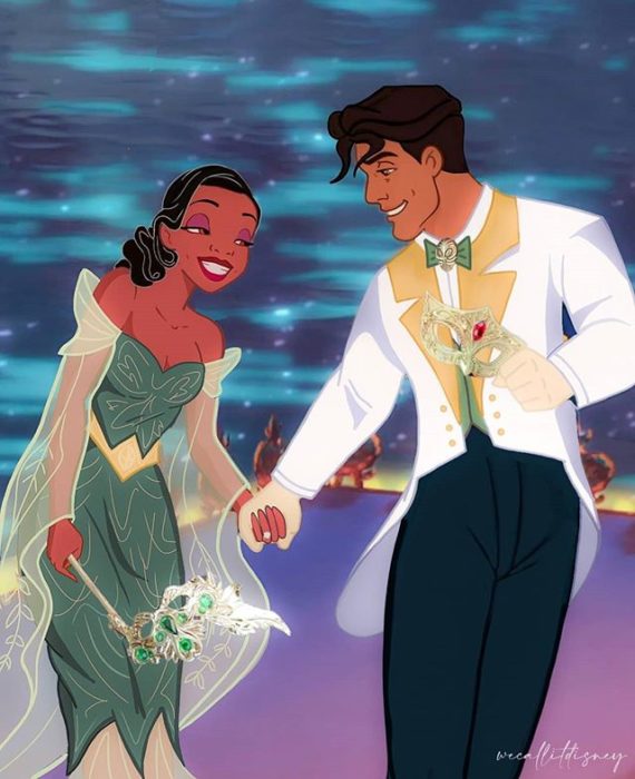 Tiana usando el vestido reimaginado por la artista Marta Sánchez García