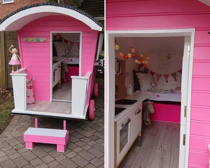 Exterior e interior de una minicabaña rosa con ruedas