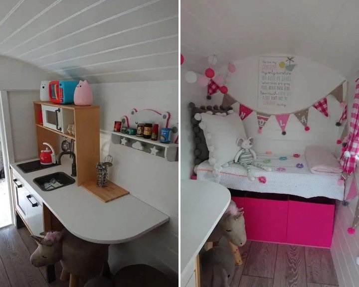 Interior de minicabaña en color blanco con escritorios y una cama pequeña