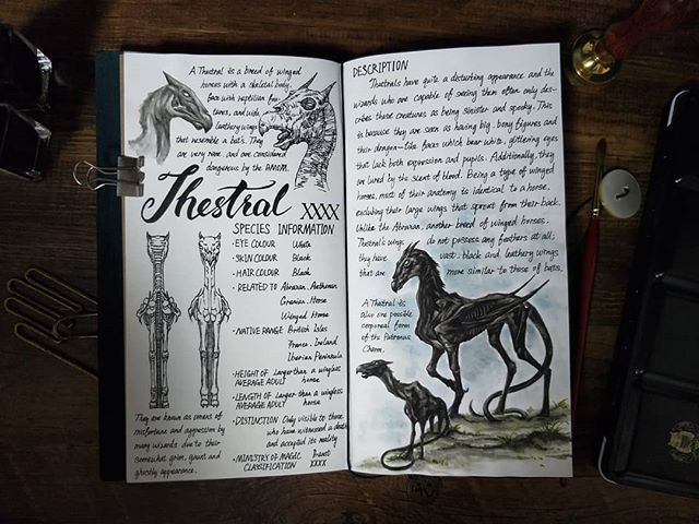 Ilustración del artista hazelnut_lz, inspirada en las criaturas mágicas de Harry Potter, Thestral