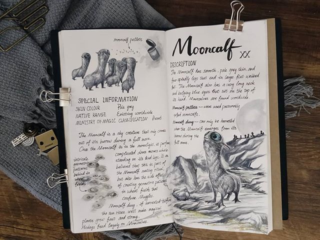 Ilustración del artista hazelnut_lz, inspirada en las criaturas mágicas de Harry Potter, Mooncalf