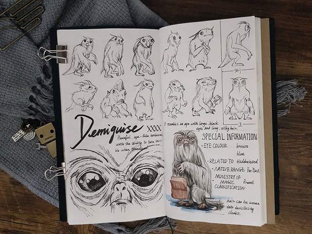 Ilustración del artista hazelnut_lz, inspirada en las criaturas mágicas de Harry Potter, Demiguise