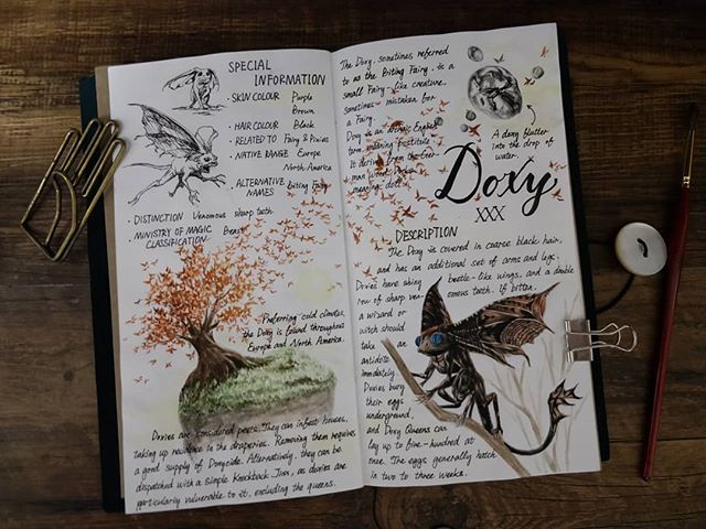 Ilustración del artista hazelnut_lz, inspirada en las criaturas mágicas de Harry Potter, Doxy