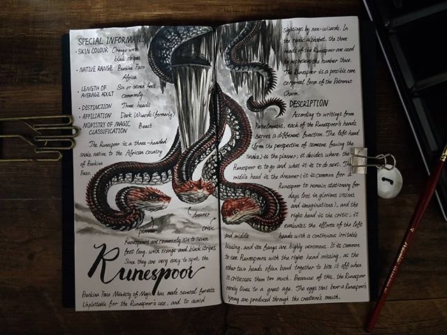 Ilustración del artista hazelnut_lz, inspirada en las criaturas mágicas de Harry Potter, Runespoor