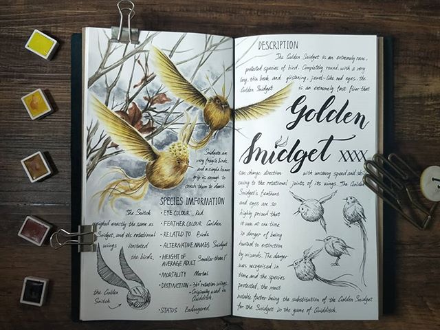 Ilustración del artista hazelnut_lz, inspirada en las criaturas mágicas de Harry Potter, Snidget dorado